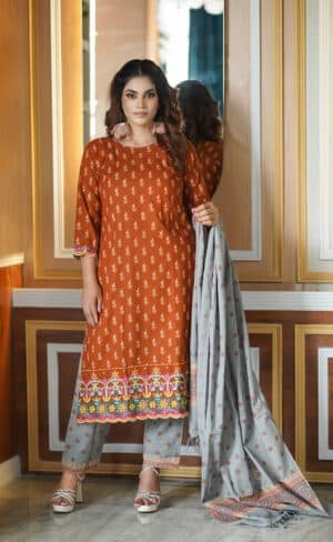 Rust Orange Embroidered 3 Piece Cotton Suit