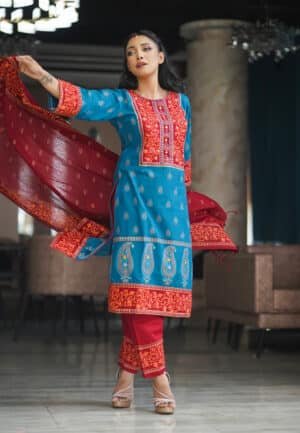 Premium Ethnic Blue 3 Piece Dress with Maroon Dupatta