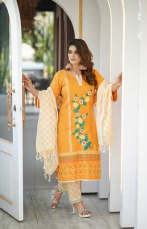 Premium Mustard Floral Embroidered 3 Piece Dress