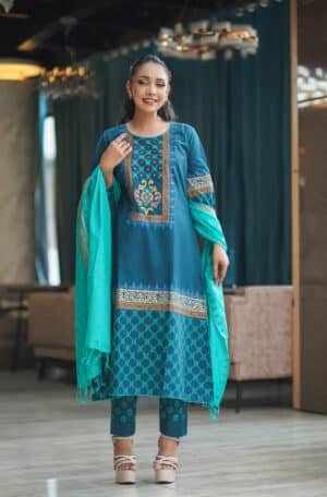 Elegant Teal Blue Embroidered Three Piece Salwar Kameez