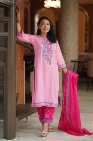 remium Pink Embroidered 3 Piece Salwar Kameez